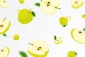 Flying juicy apples, seamless pattern background with a whole and sliced fruits with leaves. Falling green apples with blurred