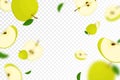 Flying juicy apples, seamless pattern background with a whole and sliced fruits with leaves. Falling green apples with blurred