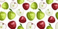 Flying juicy apples, seamless pattern background with a whole and sliced fruits with leaves. Vector contrast pattern for