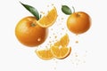 Flying juicy chopped oranges on white background. Food levitation