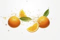 Flying juicy chopped oranges on white background. Food levitation