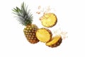 Flying juicy chopped pineapple on white background. Food levitation