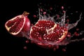 Flying juicy chopped pomegranate on black background. Food levitation