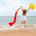 Flying jump beach girl on blue sea shore Royalty Free Stock Photo