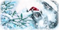 Flying or jumping funny tabby santa cat in red hat on covered with snow fir tree background. Winter Christmas panoramic greeting