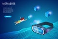 Flying kid experience 3D metaverse virtual reality game on wearing goggle glass in futuristic environment. Metaverse equpment for