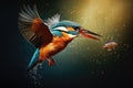 Flying kingfisher with fish in beak on a dark background, A Kingfisher skillfully capturing a fish mid-flight, AI Generated