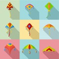 Flying kite icons set, flat style