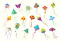 Flying kites set. Beautiful geometric shaped fixtures colored fun for launching into sky paper cardboard joys active