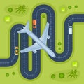 Flying landing airplane highway traffic top view. Flight wing transport city road infrastructure Royalty Free Stock Photo