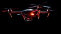 Flying laser drone in action, isolated on black background. Generative AI Royalty Free Stock Photo