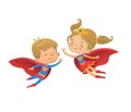 Flying and laughing Superhero boy and girl. Brown Hair Super hero children illustration isolated on white background Royalty Free Stock Photo