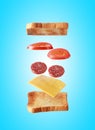 Flying layers of sandwich with toasts, salami, cheese, and vegetables on the blue background. Breakfast food concept Royalty Free Stock Photo