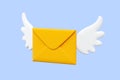Flying letter with wings 3d render illustration. Cartoon winged paper yellow envelope for fast delivery of newsletter.