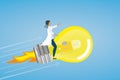 Flying on light bulb rocket. Health care person, scientist or researcher flying on the sky. Royalty Free Stock Photo