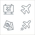 flying line icons. linear set. quality vector line set such as plane, maps and locations, airplane