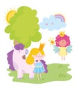 Flying little fairy princess girl with crown and unicorn tale cartoon Royalty Free Stock Photo