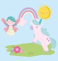 Flying little fairy princess unicorn and rainbow tale cartoon Royalty Free Stock Photo