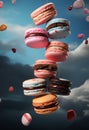 Flying macaroons on dark sky background. 3D rendering. Royalty Free Stock Photo