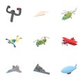 Flying machine icons set, cartoon style Royalty Free Stock Photo