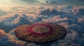 Flying magic carpet floating over clouds during sunset, surreal fantasy concept Royalty Free Stock Photo