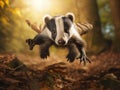 Flying mammal. Badger in forest animal nature habitat Germany Europe. Wildlife scene. Wild Badger Meles meles wood road. Royalty Free Stock Photo