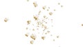 Flying many popcorns on white background. White salty popcorn. Healthy food. Corn seed. 3D loop animation of popcorn rotating.