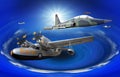 flying of may kind old classic plane over fantasy blue ocean Royalty Free Stock Photo