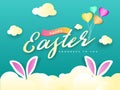 Flying Message Ribbon of Happy Easter with Heart Shaped Balloon in Clouds and Bunny Ears, Paper Cut I Royalty Free Stock Photo