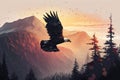 flying mountain eagle among the mountains at sunset. ai generative