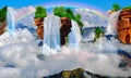 Flying mountain with a waterfall.3D rendering.