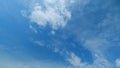 Flying moving white clouds in a blue sky. Blue sky background with many layers tiny stratus cirrus clouds. Time lapse. Royalty Free Stock Photo