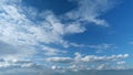Flying moving white clouds in a blue sky. Blue sky background with many layers tiny clouds. Timelapse. Royalty Free Stock Photo