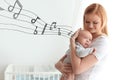 Flying music notes and mother and her baby at home. Lullaby songs