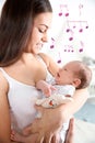 Flying music notes and woman with her newborn baby on blurred background. Lullaby songs