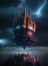 flying Mysterious medieval castle, Spooky old gothic castle, foggy night, dreamy. Ai generated image