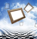 Flying ÃÂ°ncient carved baguettes on an abstract fantasy background with checkerboard floor Royalty Free Stock Photo