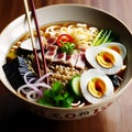 Flying Noodles Ingredient out of the bowl Japanese Mouthwatering Delicious Ramen Noodles with Egg Beef fruits and Vegetables Royalty Free Stock Photo