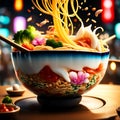 Flying Noodles Ingredient out of the bowl Japanese Mouthwatering Delicious Ramen Noodles with Egg Beef fruits and Vegetables Royalty Free Stock Photo