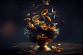 Flying Nuts and Dried Fruits in a an Antique Bowl on a Dark and Moody Background AI Generative