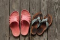 Flying old women`s shoes stand on the wooden floor of the house Royalty Free Stock Photo