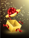 Flying opened gift box with red ribbons
