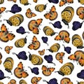 Flying orange, yellow, and blue butterflies on white background, raster seamless pattern Royalty Free Stock Photo