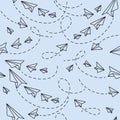 Flying Paper Planes on Light Blue Background. Seamless Pattern Royalty Free Stock Photo