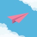 Flying origami pink paper plane. Cloud in corners frame. Transportation collection. Greeting card Typographical blue sky backgroun Royalty Free Stock Photo