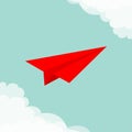 Flying origami red paper plane. Cloud in corners frame. Transportation collection. Love greeting card Typographical blue sky Royalty Free Stock Photo