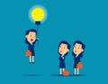 Flying out from the crowd by light bulb of ideas. Concept kid business successful vector illustration, Business idea, Advancement