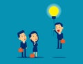 Flying out from the crowd by light bulb of ideas. Concept kid business successful vector illustration, Business idea, Advancement