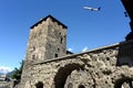 Flying over the ancient Roman and medieval walls of the door to the city of Aosta - Italy Royalty Free Stock Photo