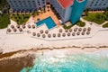 Flying over beautiful Cancun beach area. Aerial view of luxury hotels Royalty Free Stock Photo